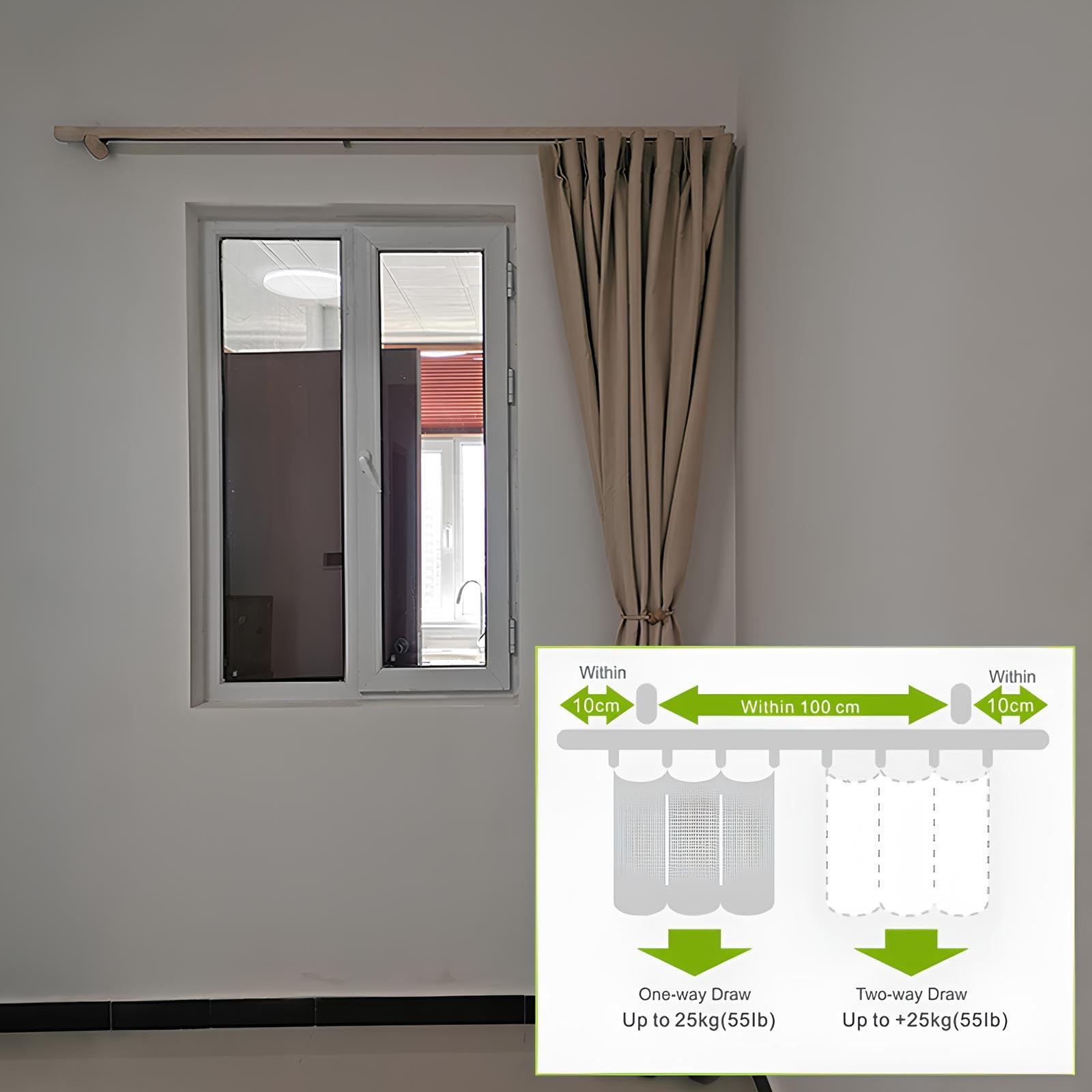 Kit de tringle à rideaux robuste – Rail mural en aluminium avec supports d'installation facile pour les tailles de vaRoom (naturel 290 cm/2 x 145 cm)