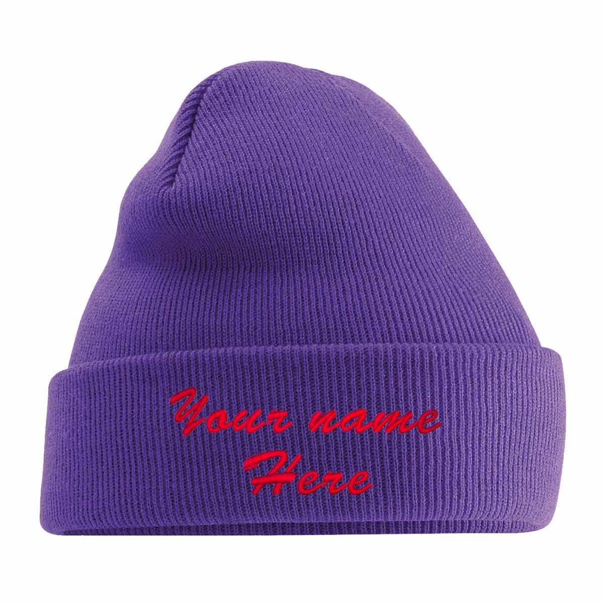 Workwear World Custom Embroidered Personalised Turn Up Cuff Acrylic Woolly Beanie Ski Hat with Stitched Name Design (Purple)