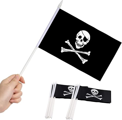 Anley Mini bandera pirata - Paquete de 12 banderas pequeñas en miniatura Jolly Roger en barra, resistentes a la decoloración y colores vivos, 5 x 8