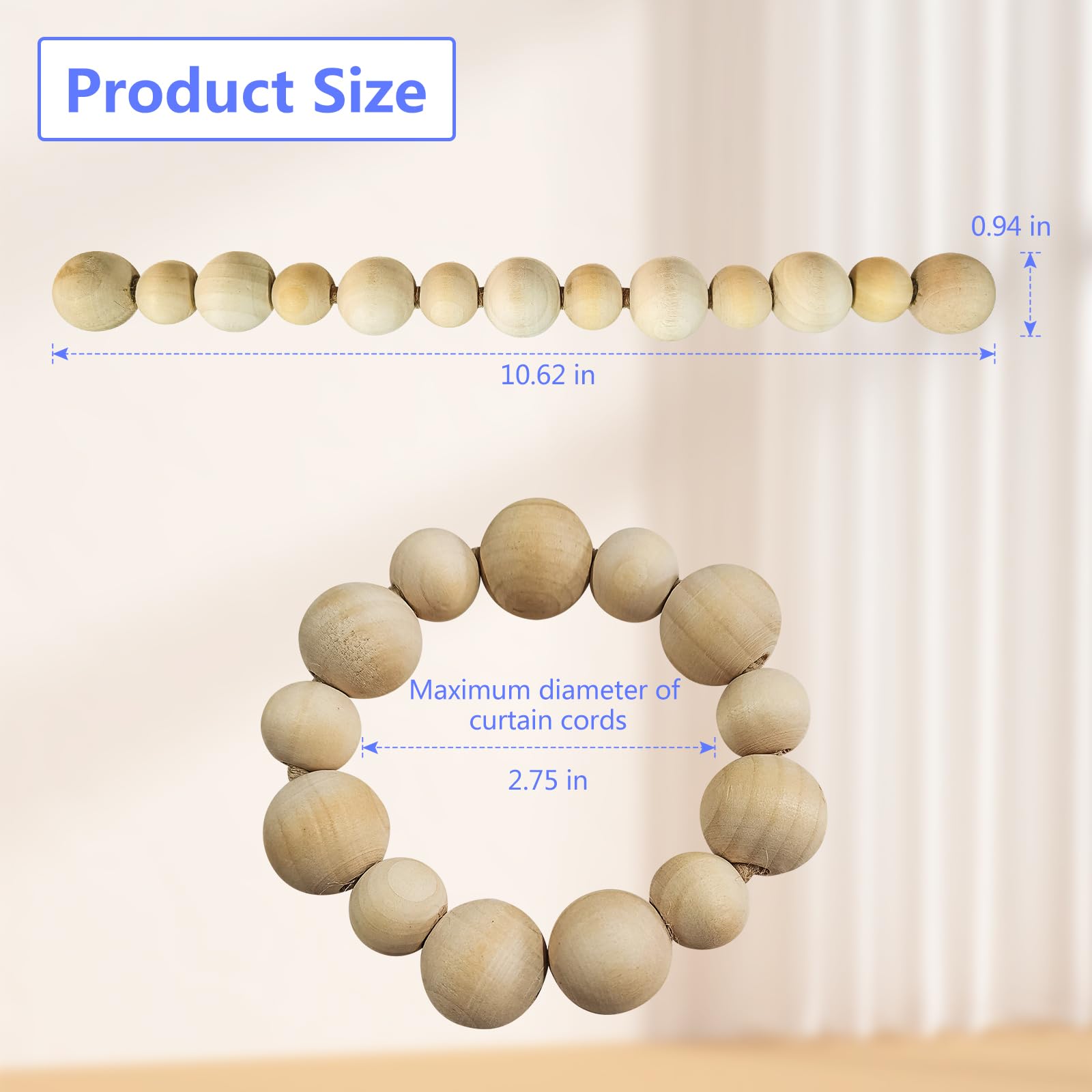 4 Pcs Wood Beads Curtain Holdbacks,Boho Curtain Tiebacks,Outdoor Farmhouse Tie Backs for Curtains,Curtain Holders for Home Office Room Decor (Wooden Bead)