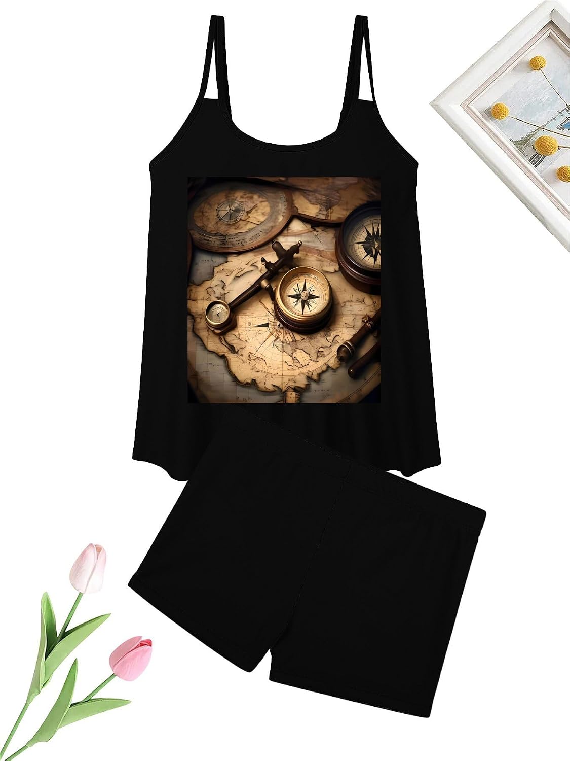 Compass and Old World Map Tankini Swimsuits for Women Tummy Control Two Piece Bathing Suits Swim Tops with Boy Shorts