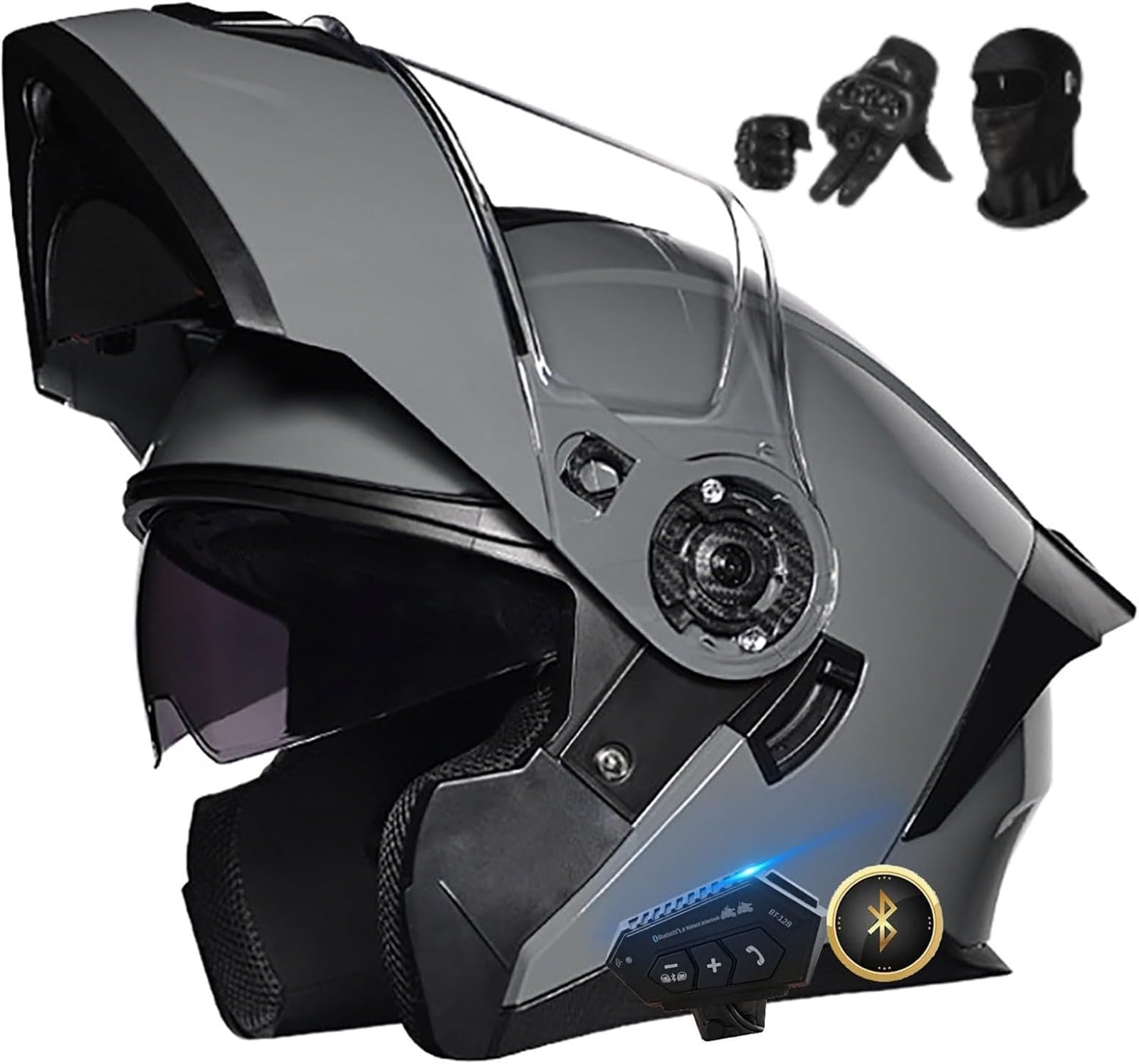 Casco da moto con interfono Bluetooth, casco modulare, casco apribile, omologato ECE, casco integrale da moto con ventilazione multipla e doppia visiera, riduzione C,M=57-58CM