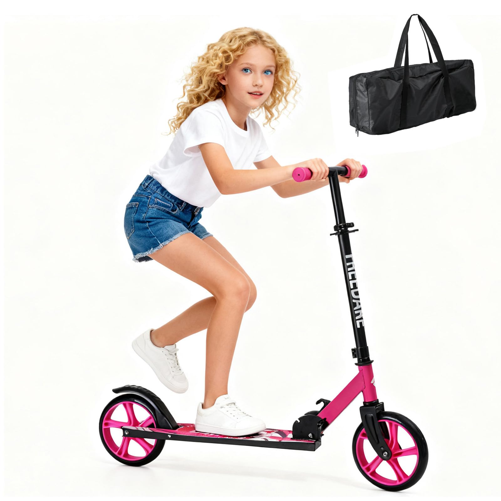 FREEDARE Kick Scooter für Kinder von 8-12 Jahren, 200mm Big Wheels Scooter für Kinder, Jugendliche und Erwachsene, 4 verstellbare Höhen, 2 Räder Scooter faltbar mit Transporttasche, bis zu 100kg Rosa
