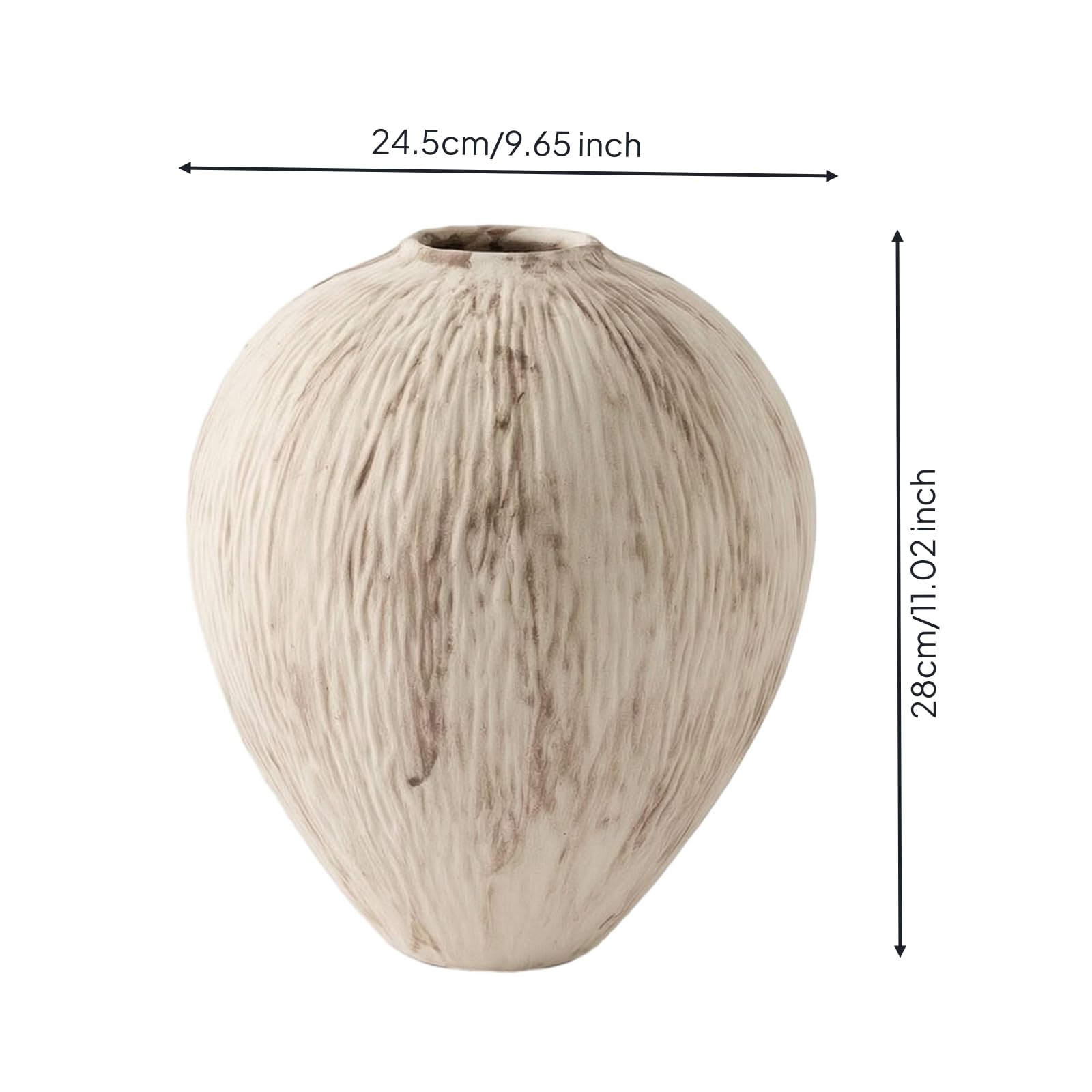Jarrón de Cerámica Florero Botella Ornamento Superficie Estriada Hecha a Mano y Silueta con Cuello Estrecho Base Estable para Estanterías Recibidor, Blanco Grisáceo, 28.5 28.5 H40.5cm