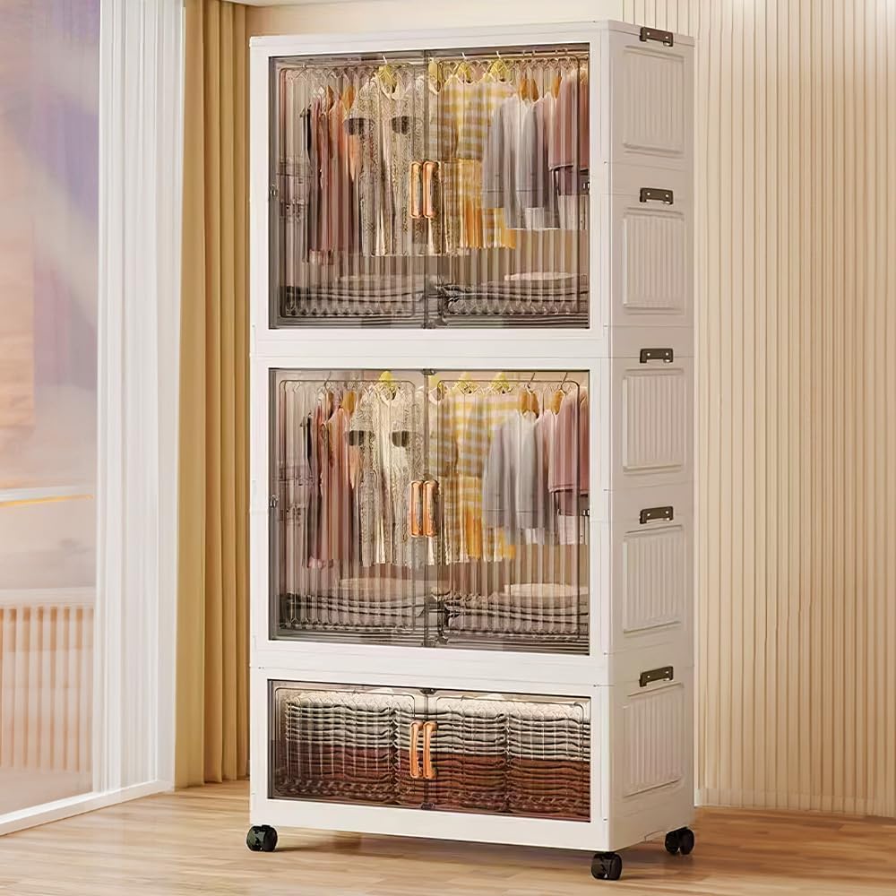 EXVITO Modular Plastic Wardrobe for Bedroom | 2 Tier+1 Bins Foldable Cupboard with Hanging Rod | Stackable Storage Almirah for Clothes with Wheels | Multi-Layer Plastic Storage Cabinet - White