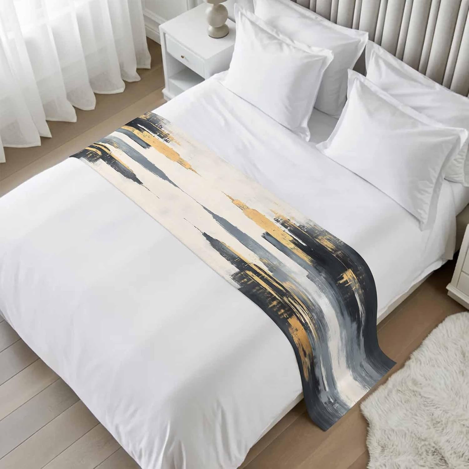 Abstract City Bed Runner Queen/Full Size, Retro Chic Abstract Building Oil Painting Bed Scarf Protector Slipcover for Bedroom Wedding Room Hotel, Bedding Runner Throws for Foot of Beds 83"x20"