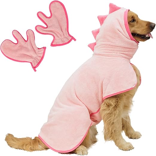 Pawyee Super Soft Fast-Drying Dog Towel Microfiber Bath Robe Design for Cats and Dogs (Medium, Pink Dino)