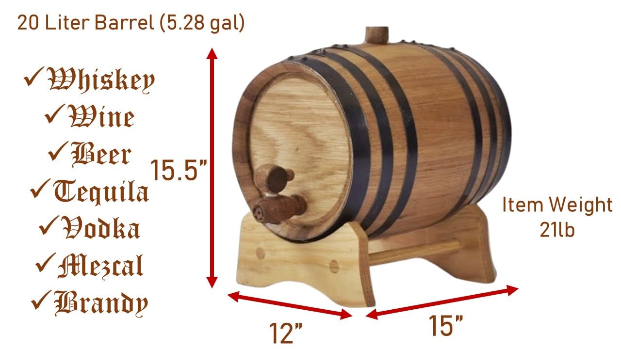 Generic Handcrafted 5 Gallon (20 Liter) Oak Aging Barrel - Ideal for Whiskey, Wine, Spirits, and Home Brewing - Choose Black or Galvanized Hoops for Superior Flavor Enhancement