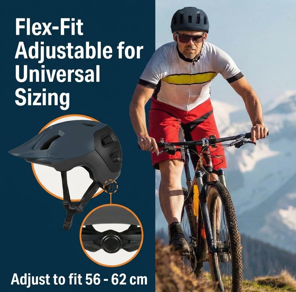 Bikeroo MTB Bike Helmet, Adjustable 56-62 cm / 22" - 24" Circumference, Adult Cycling Safety Head Protection for Road Mountain Bicycles, Protective Headgear Sports Equipment for Outdoor Adventures
