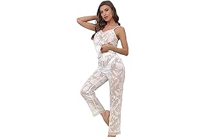 Sheer Lace Trimmed Cami Top with Floral Jacquard Mesh Pants Pajama Set