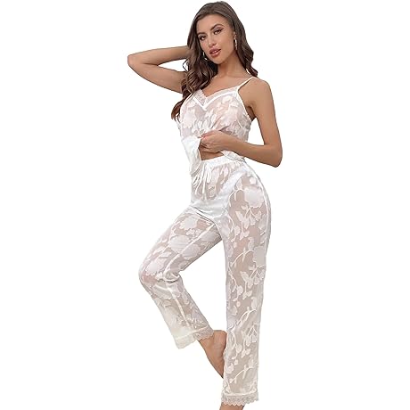 Sheer Lace Trimmed Cami Top with Floral Jacquard Mesh Pants Pajama Set