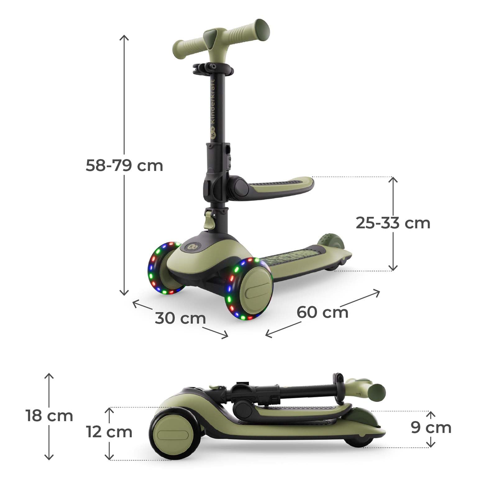 Kinderkraft Halley 2, Correpasillos Desde 12 Meses y Patinete Desde 24 Meses, 2 en 1, para Niños, Ajustable, Triciclo, Bici sin Pedales, 3 Ruedas, LED, Multifuncional, hasta 50 kg, Verde