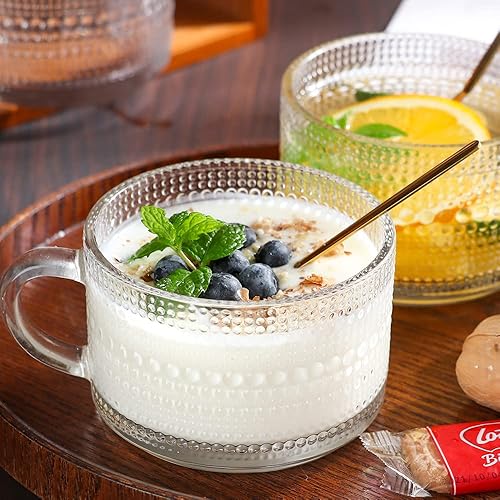 Miniatura 6 de Juego de 4 tazas de café de vidrio vintage, tazas de café de vidrio en relieve de 14 onzas, tazas de café apilables para cereales, yogur, latte,
