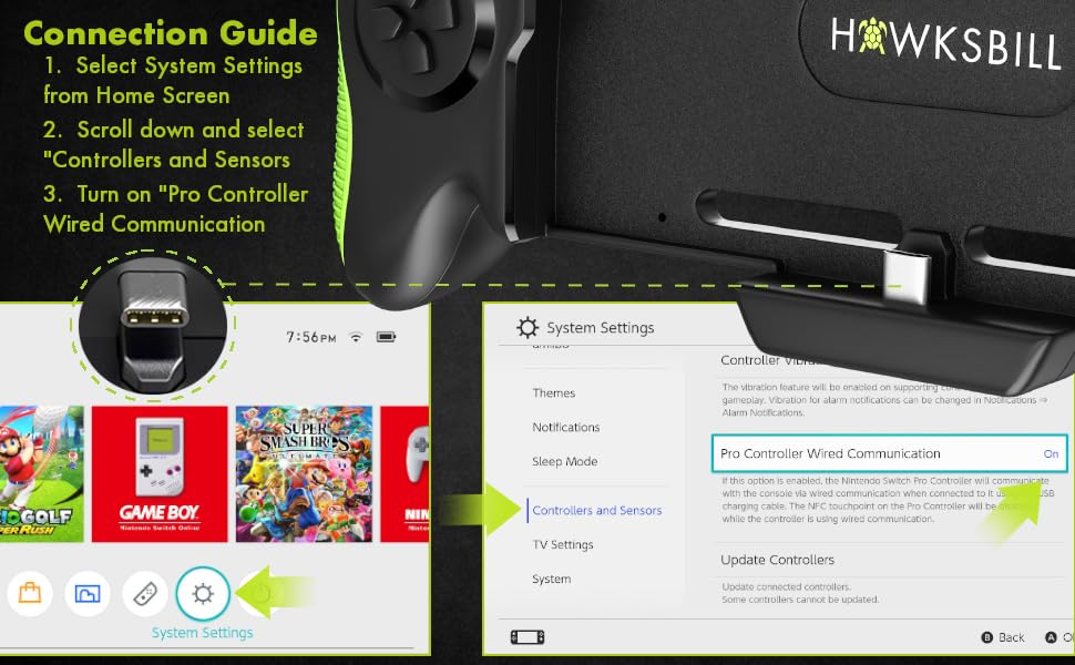 Vista 3 de Hawksbill Nintendo Switch & OLED Compatible Handheld Controller, Plug and Play, Charging, Turbo and Auto Function