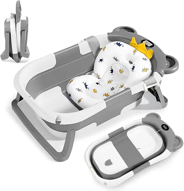 Baignoire Pliable Bébé avec Coussin Ergonomique, Idéale pour Nouveau-nés et Voyages