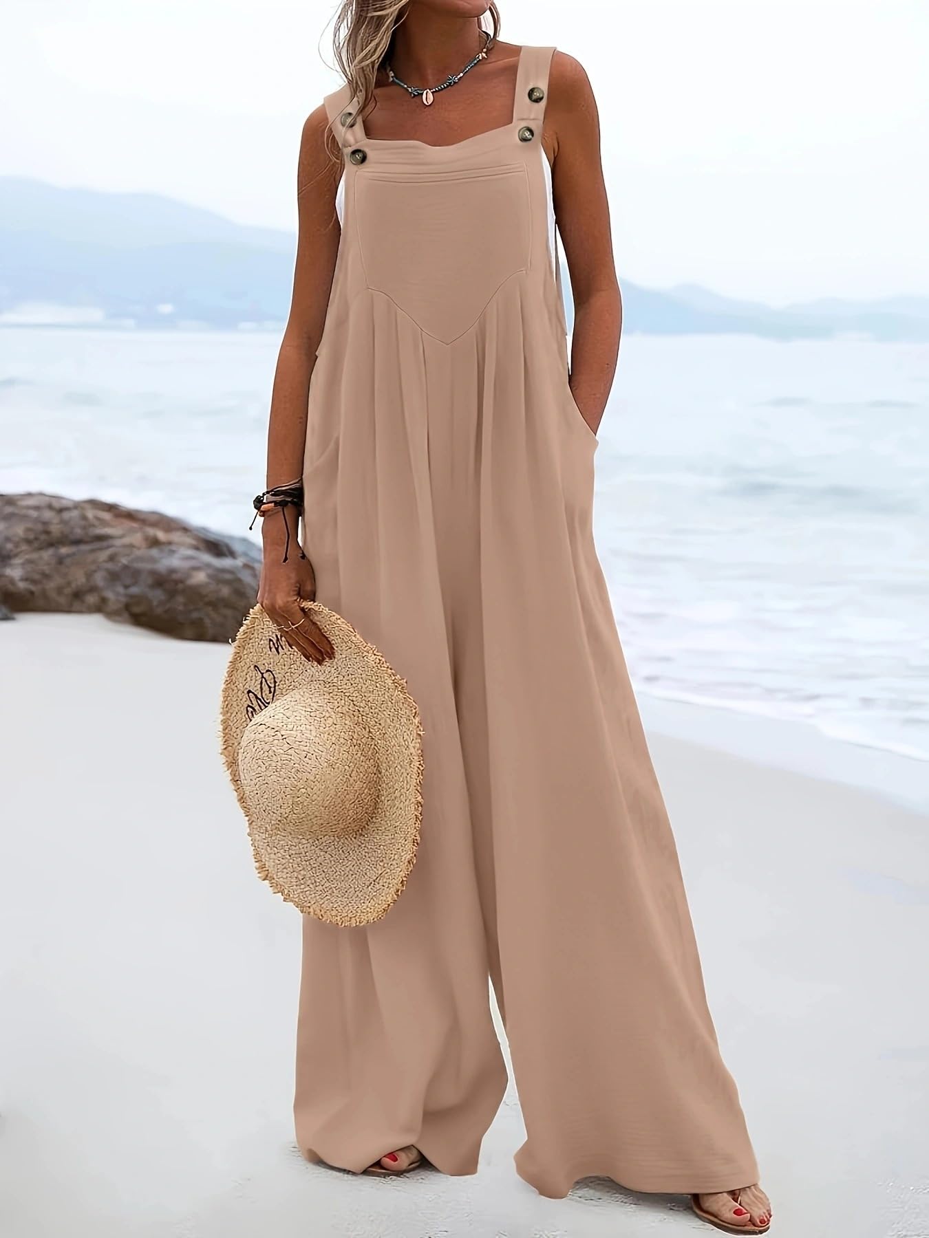 Women's Wide Leg Overalls Plus Size Loose Sleeveless Jumpsuits Button Adjustable Strap Rompers with Pockets（Rose Gold）