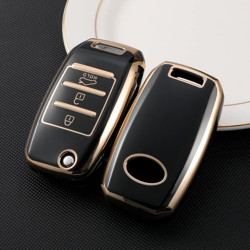 Image of KMH TPU Gold Car Smart Key Cover Compatible for Kia Seltos and Sonet 3 Push Button Smart Flip Key Shell Case Holder, Full Key Protection (Black Gold) Pack of 1