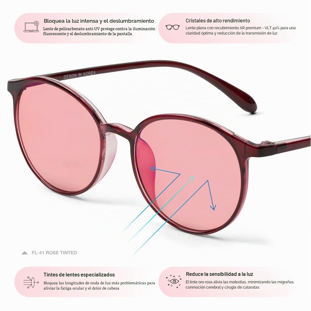 Gafas antiluz azul para migraña FL-41 Rose para interiores y FL-60 Brown para exteriores para sensibilidad a la luz para iluminación fluorescente, fotofobia y uso de computadoras