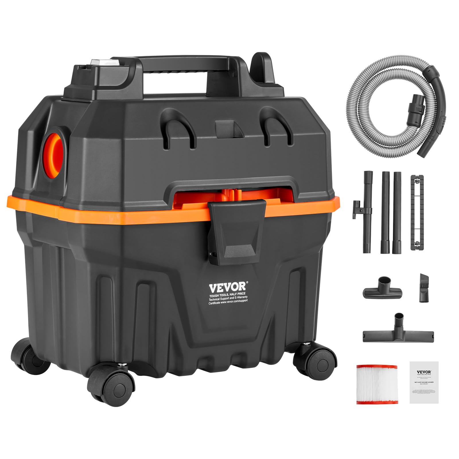VEVOR Aspirapolvere per umidi asciutti 15 litri, Aspirapolvere portatile commerciale, 5 HP max., Aspirazione con ugello a rotelle, Aspirapolevere per tappeti, detriti, pelianimali domestici, Nero