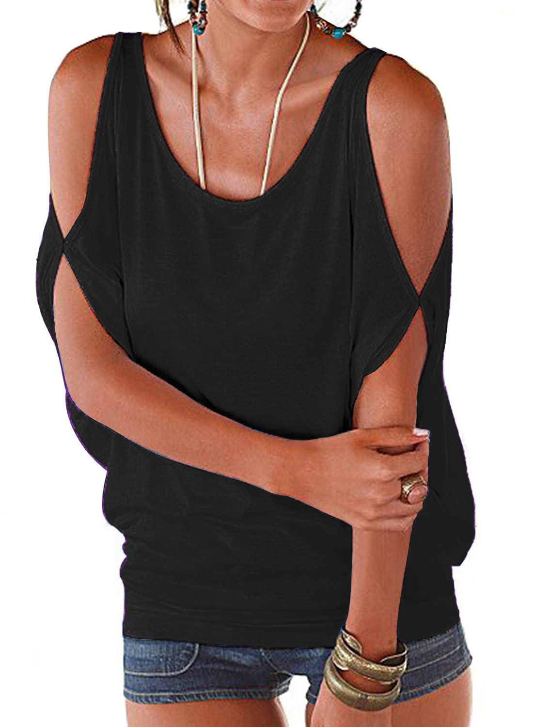 LEIYEE Womens Summer Cold Shoulder Tops Short Sleeve T Shirts Pullover Sexy Casual Dolman Blouses, Black, X-Large