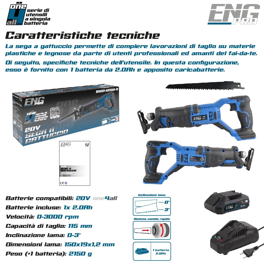 Sega A Gattuccio - Linea Professionale Monobatteria ONE4ALL 20V - Velocità 3000 rpm Capacità Taglio 115mm, Lama per legno + 1 Batteria 2.0Ah e Caricabatteria inclusi - ENG PRO