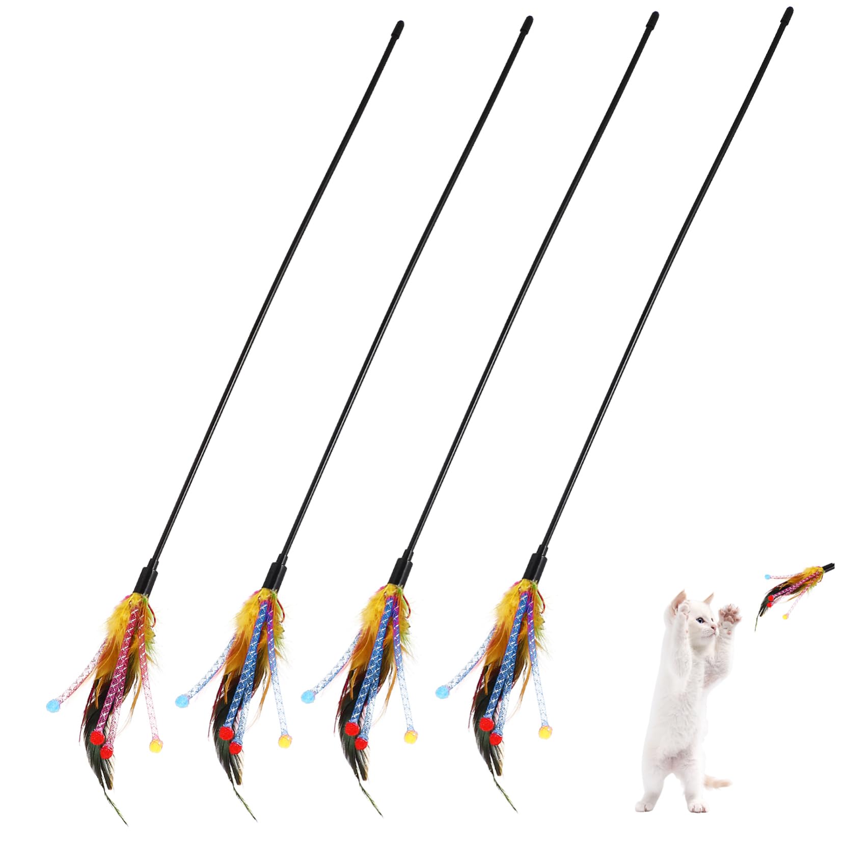 MERRYHAPY Cat Feather Teaser Toys 4 Pieces Interactive Cat Wand Set High Energy Toys for Cats Fabric Stripe and Random