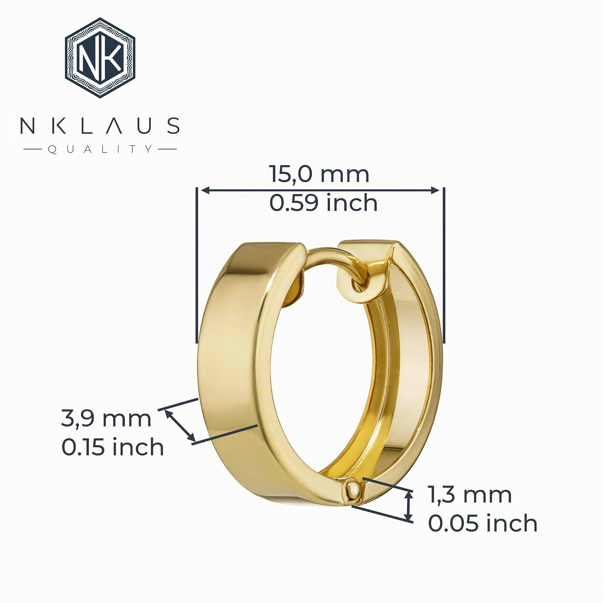 NKlaus Klappcreole Gold 333 Echtgold, quadratisch, glänzend, 15 mm, 1 Stück | Einzelner Ohrring aus 8 Karat Gelbgold; 3,9 mm breit, 1,3 mm stark, 0,78 g, anlaufgeschützt, mit Klappbügel