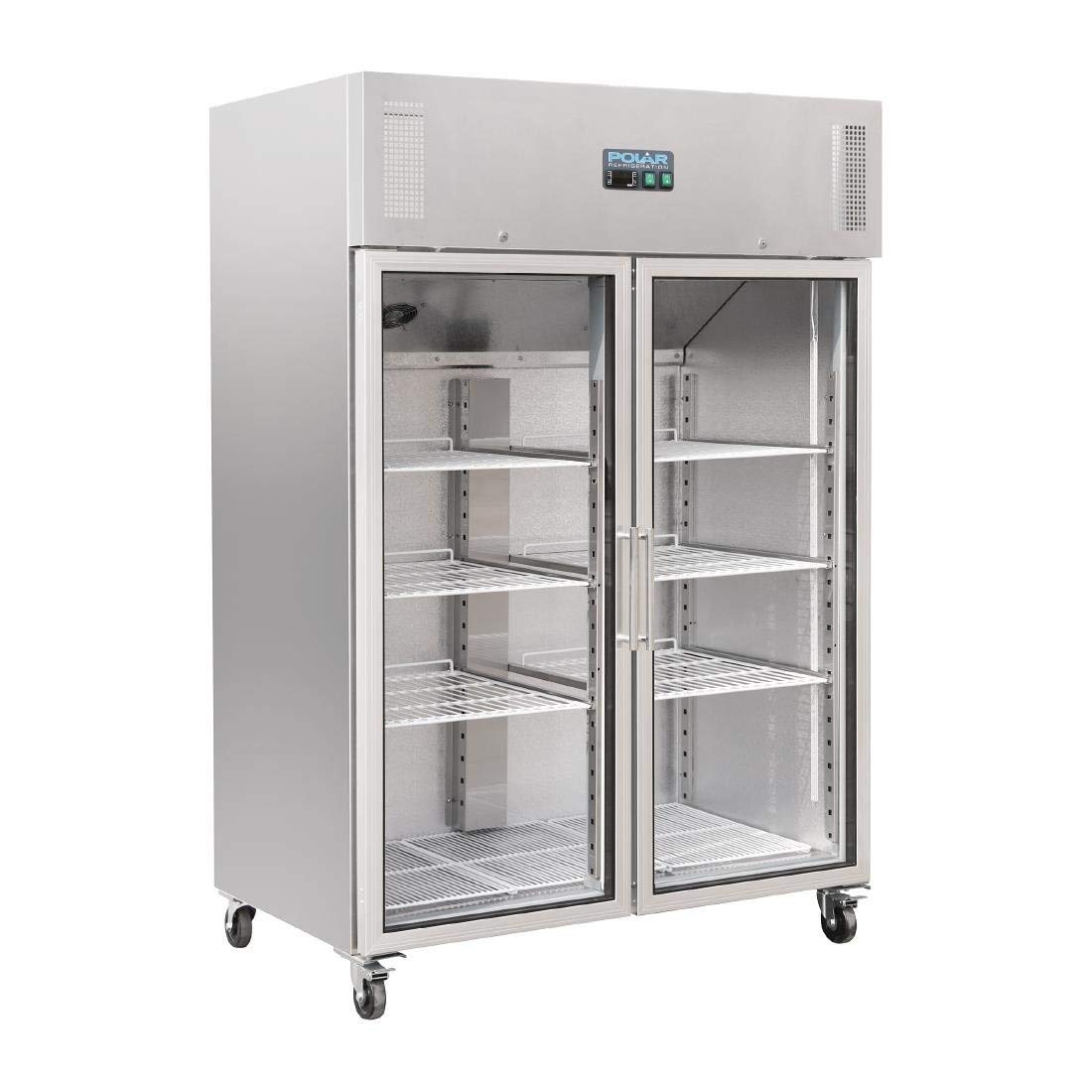 Polar Refrigeration G-Series 600W Upright Double Door Gastro Display Fridge 1200 Litre, Stainless Steel, 2°C to 8°C, 2010(H)x1340(W)x800(D)mm, 6 Shelves, Energy Rating C, 4 Lockable Castors | CW198