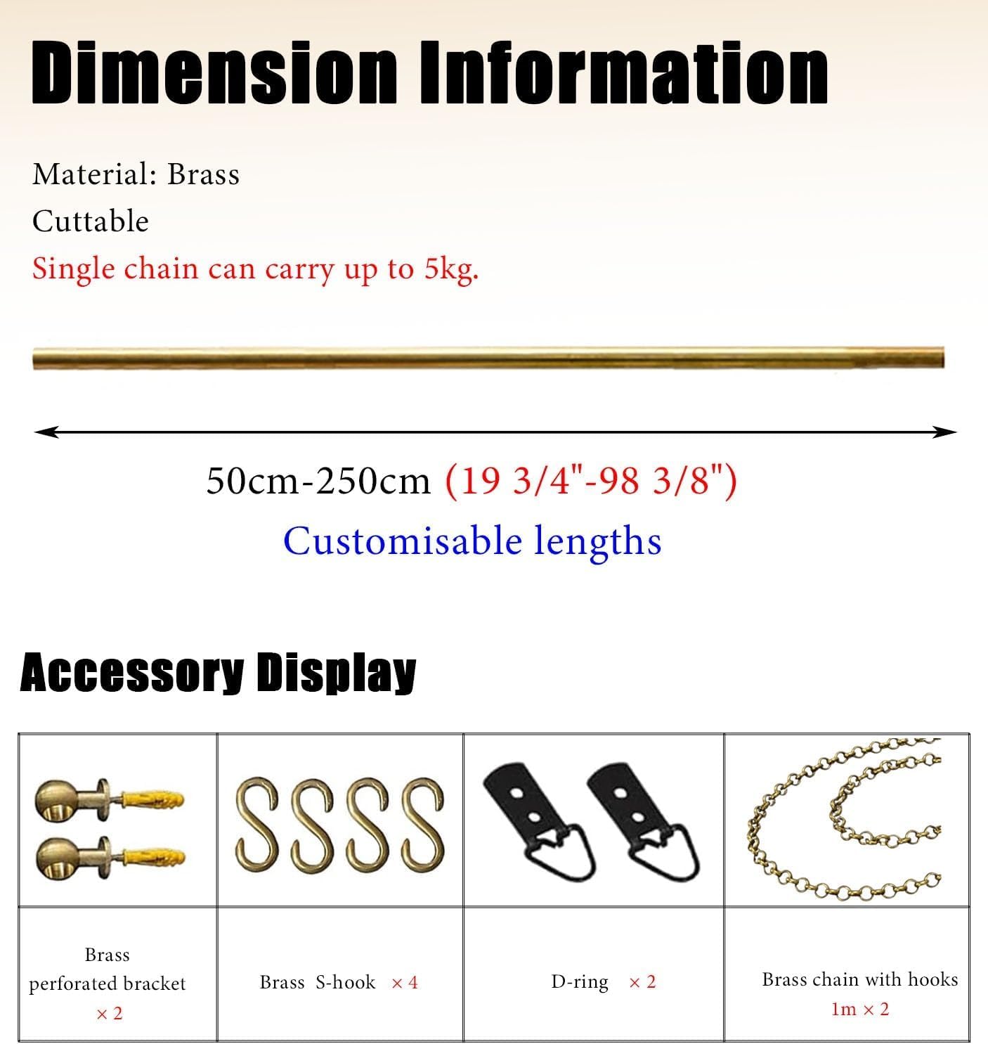 Kit de riel Decorativo para galería de Cuadros con Varillas y Cadenas de latón. (35.4in/0.9m/2.9ft)