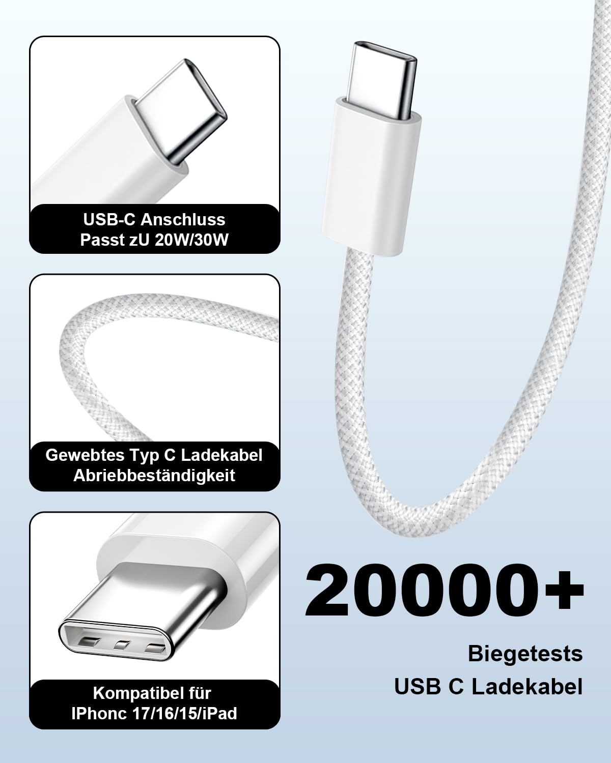 Ładowarka USB C 20W do iPhone'a 17 Pro Max 17 Air/iPhone'a 16 16e 15 16 Pro Max Plus/iPada, Wtyczka USBC z Kablem USB C o Długości 2M Adapter do Szybkiego Łładowania zasilacz, Wtyczka ładująca UsB C