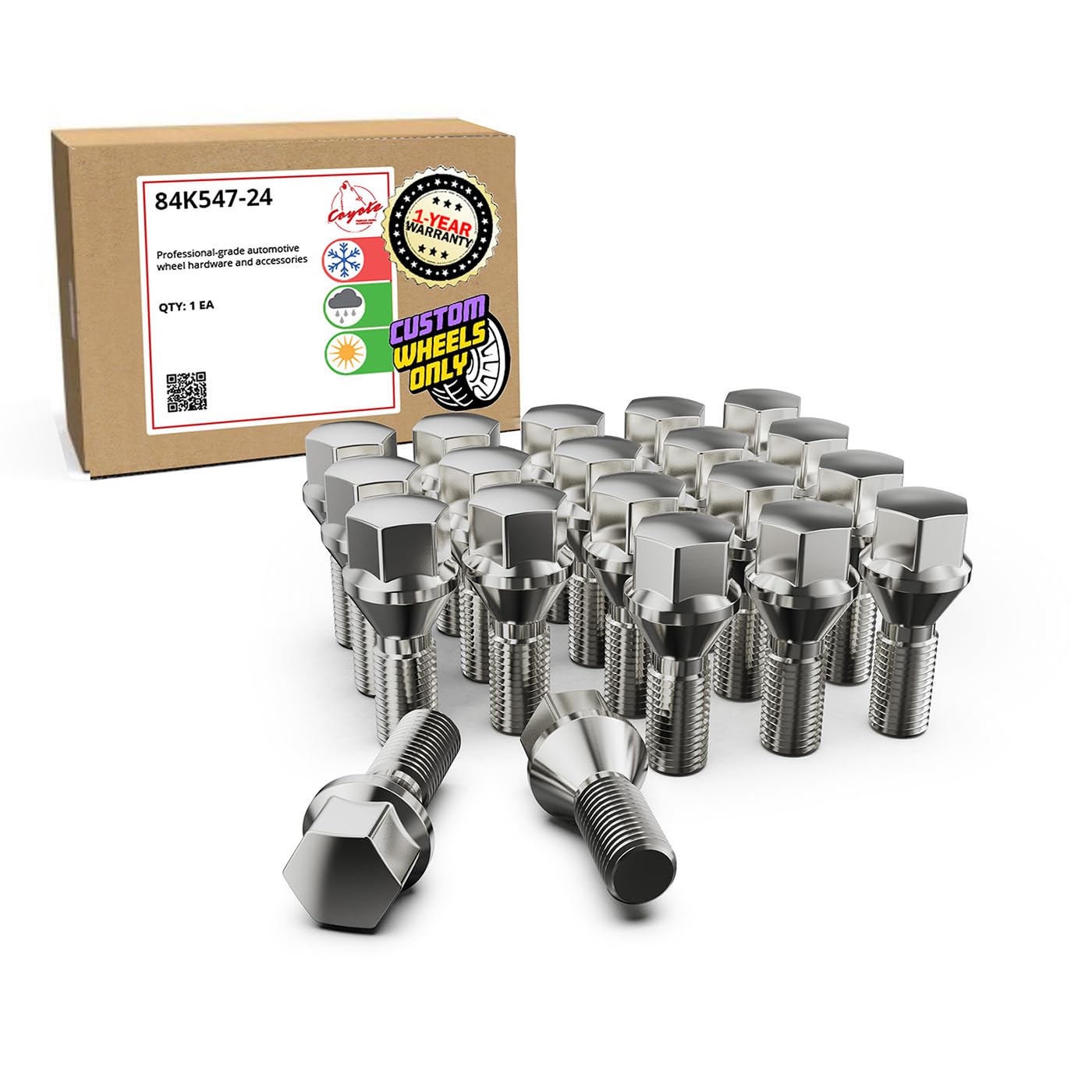 Wheel Accessories Parts 20 Pcs M12 x 1.5 12 x 1.5 Thread Acorn Seat Lug Bolt Chrome Finish 24mm Shank Length 17mm Hex fits BMW 5(E34) 6(E63, E64) 7(E32) 8(E31) Series M3 M5 Z8 (Older Models)