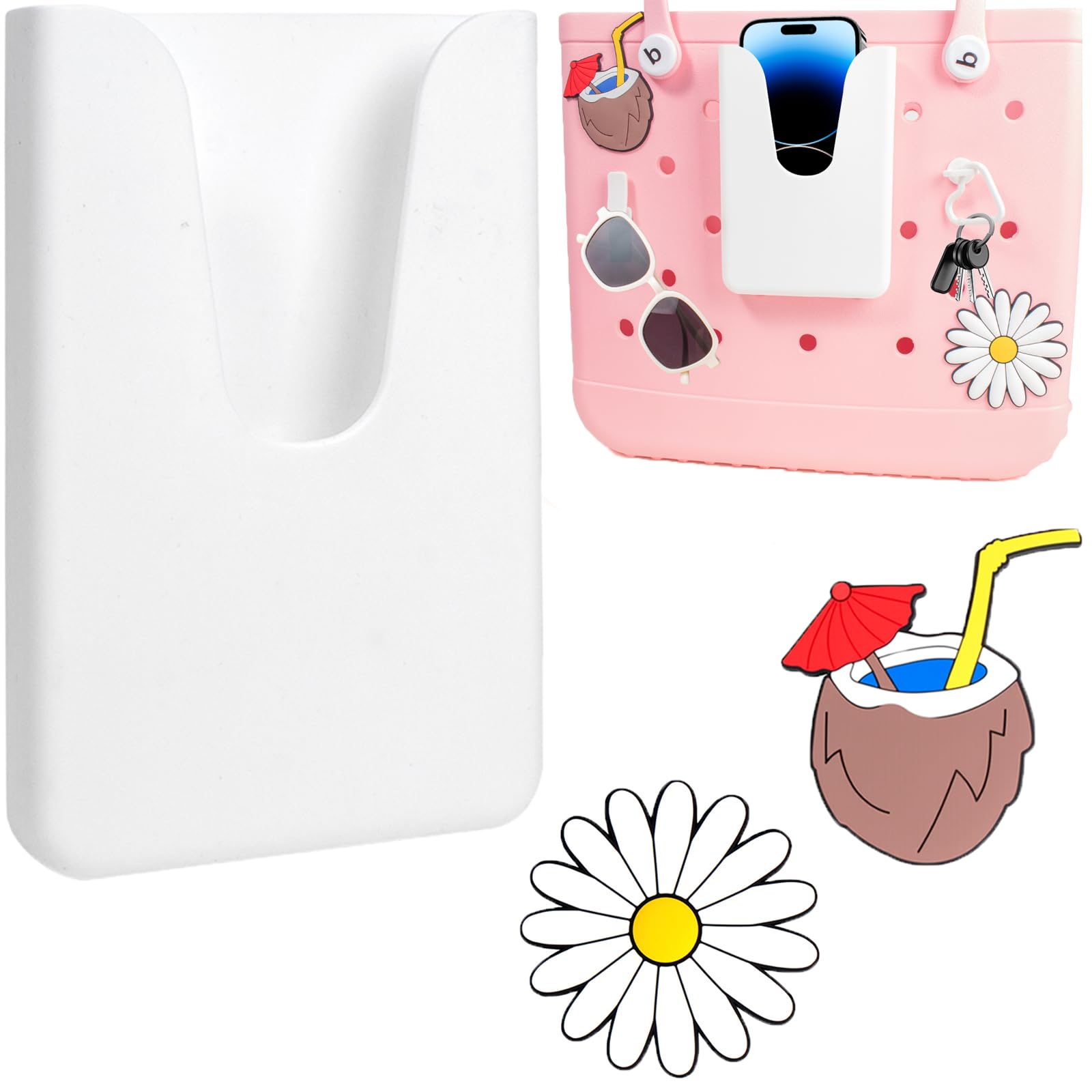 Silicone Phone Holder Compatible with Bogg Bag, Phone Case Holder Charms Accessory for All Bogg Bags and Beach Bag, Phone Holder Attachment for Beach Tote Bags, With 2Pcs Charms &amp; 2Pcs Key Hook(White)