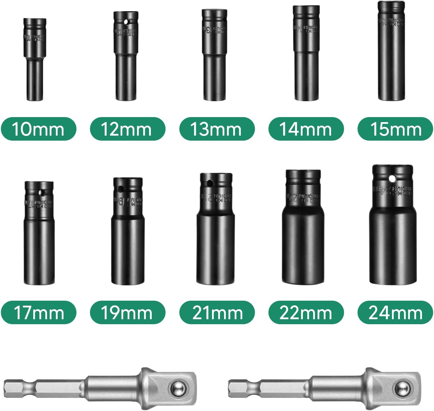 1/2" Drive Metric Impact Socket Set (10–24mm), 10-Piece Heavy Duty Impact Sockets with 2 Extension Bars, Deep Impact Socket Kit for Impact Wrench & Automotive Repair