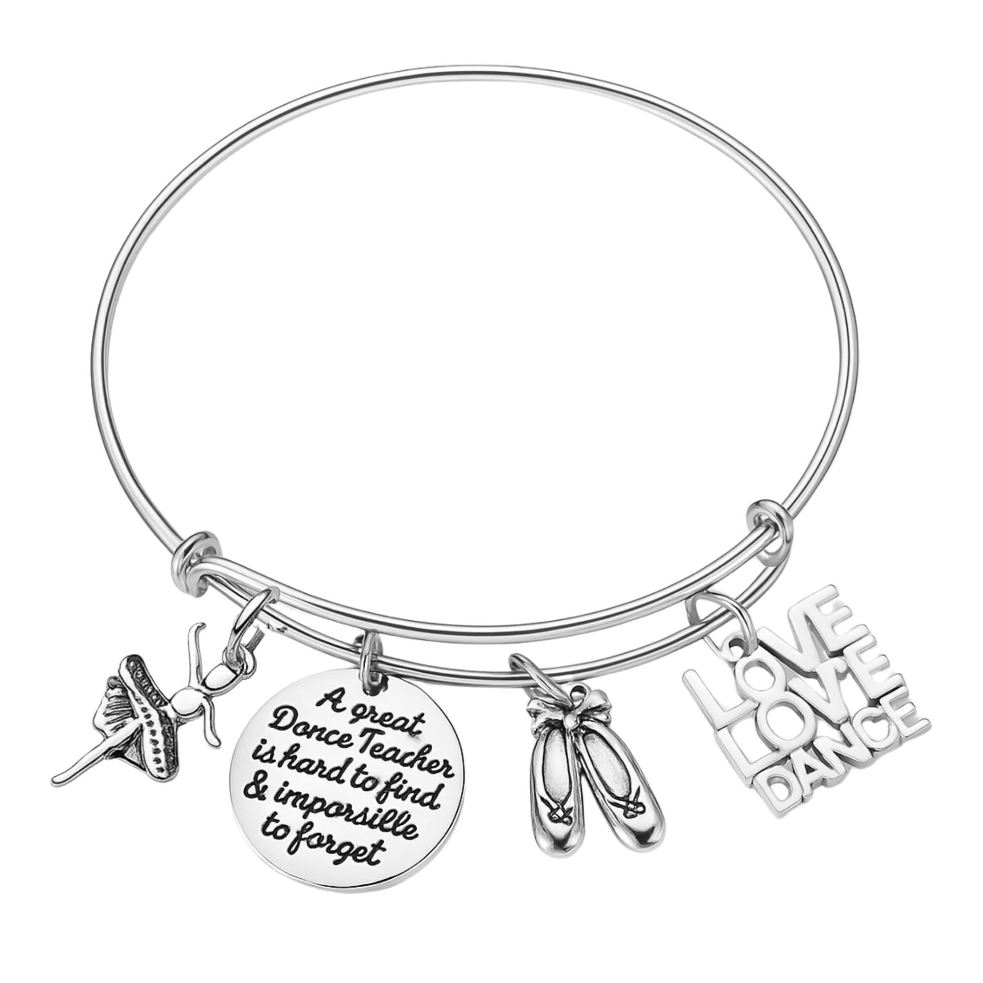 Dance Teacher Charm Bangle Bracelet – Adjustable Silver Bracelet with Engraved Quote and Dance Charms – Appreciation Gift with Velvet Jewelry Pouch