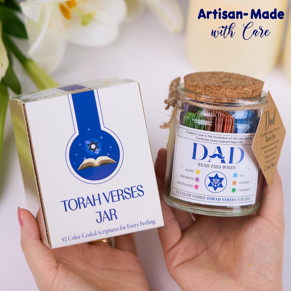 Torah Verses Jar for Dad – 92 Daily Scriptures for Reflection | Jewish Gift for Hanukkah, Birthday, Father’s Day, Rosh Hashanah | Spiritual Keepsake, Judaica Decor, Prayer Jar