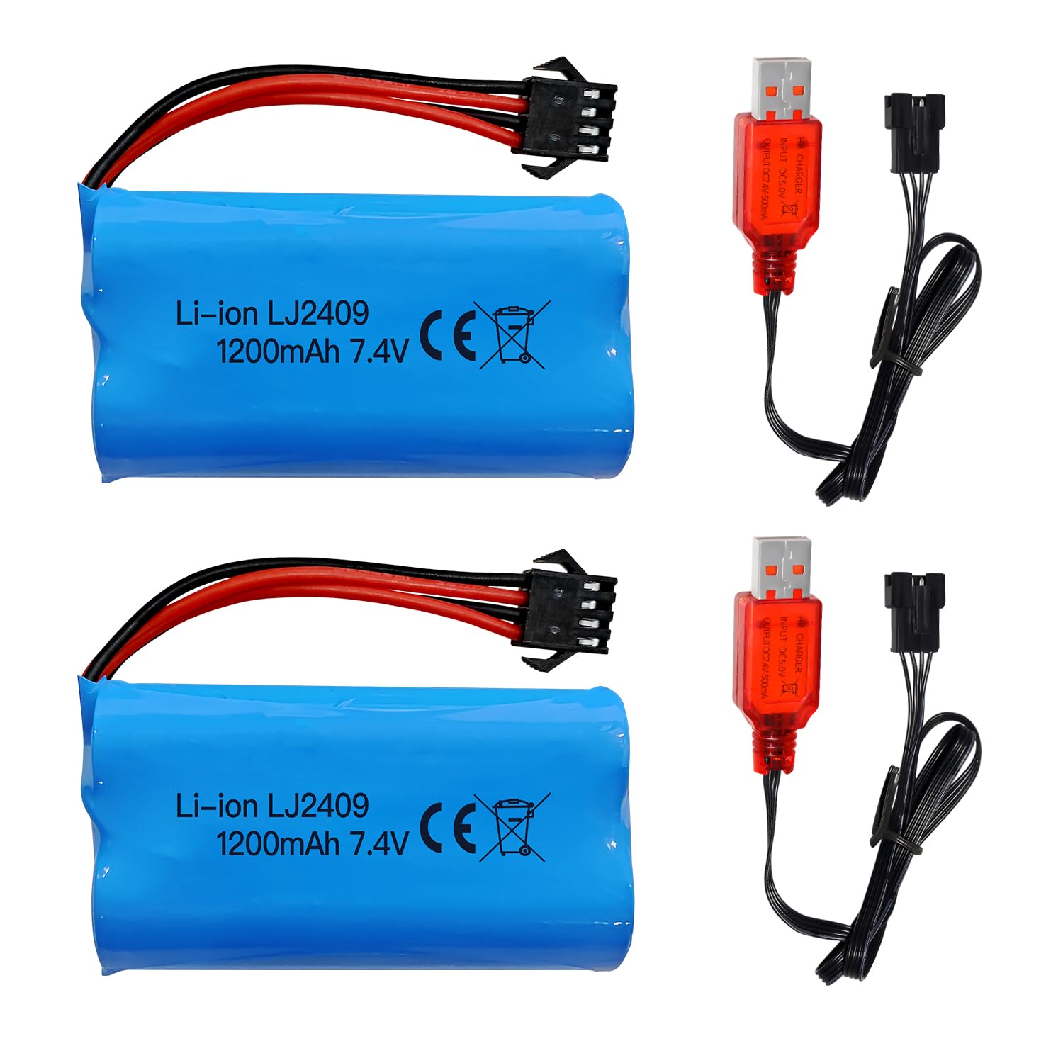 2pcs 7.4V 1200mAh SM – 4P Plug Rechargeable Battery & USB Charging Cable for EC08 RC Model Car Toy Car Off-Road Climbing Rafting Racing RC Boat