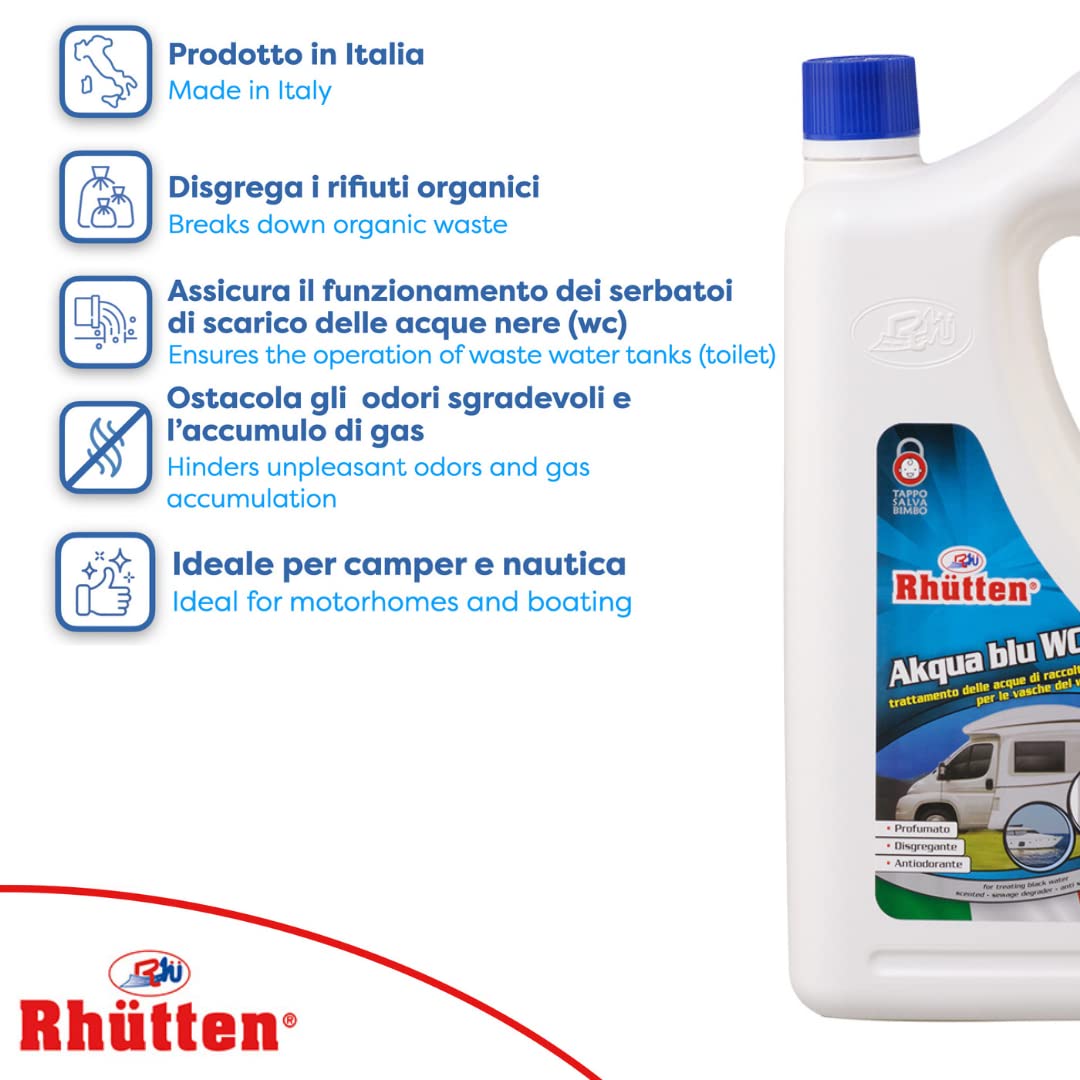 Rhutten, Akqua Blu Wc, Disgregante Wc Camper, Liquido Acque Nere, Acqua Blu, Wc Chimico, 2L
