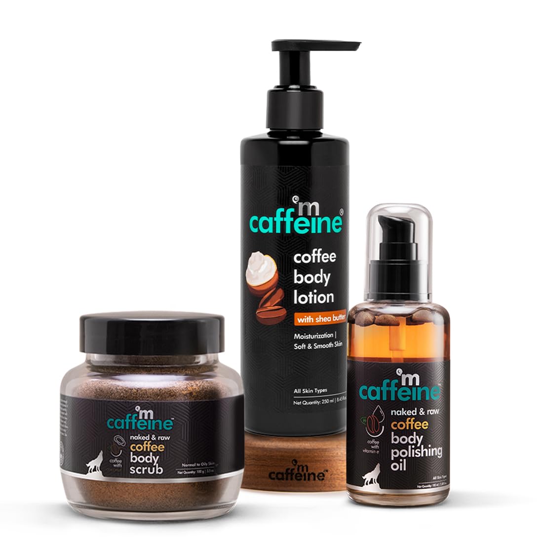 mCaffeine Body Toning & Polishing Kit with Coffee Body Massage Oil, Exfoliating Body Scrub & Moisturizing Body Lotion | 3 Step Body Care Routine…