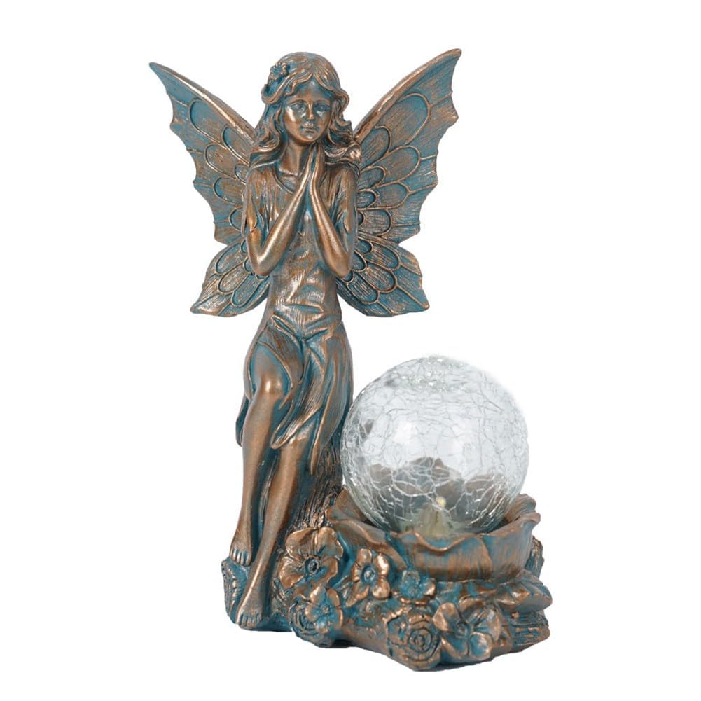 STUWBPLIC Solar Garden Figure Fairy with LED Light, Weatherproof Resin Statue in Bronze for Outdoor Decoration, Automatic Solar Light for Garden, Yard and Lawn