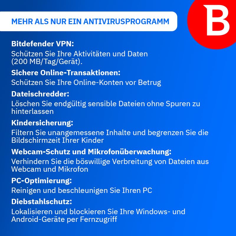 Bitdefender Total Security 2026| 5 Geräte | 1 Jahr | PC/Mac/iOS/Android | Code zur Aktivierung per E-Mail | Automatische Verlängerung