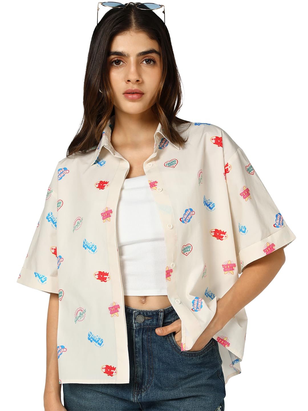 bewakoof Women's All Over Printed Oversized Fit Extended Sleeve Collar Cotton-Poplin Shirt-picture-45