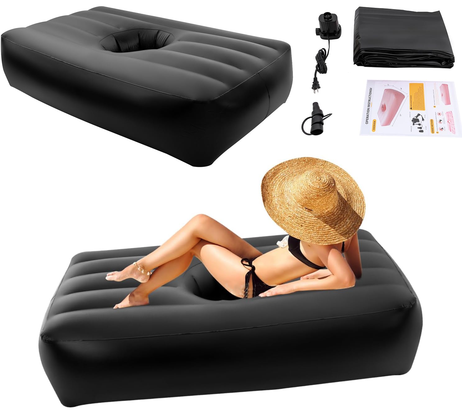 DouSeiAi Inflatable Bed with Hole 72x40x17 Inch, PVC Air Mattress for BBL Surgery Recovery, Camping, Traveling, Hiking, Guest Bed, Home Use, with Electric Pump, Black