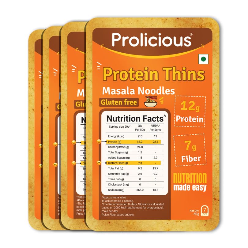 Image of Prolicious High Protein & High Fiber Masala Nooodle Chips | Gluten Free | No Maida | Healthy Snack | Easy to Carry | Jain | 50g each, Pack of 4