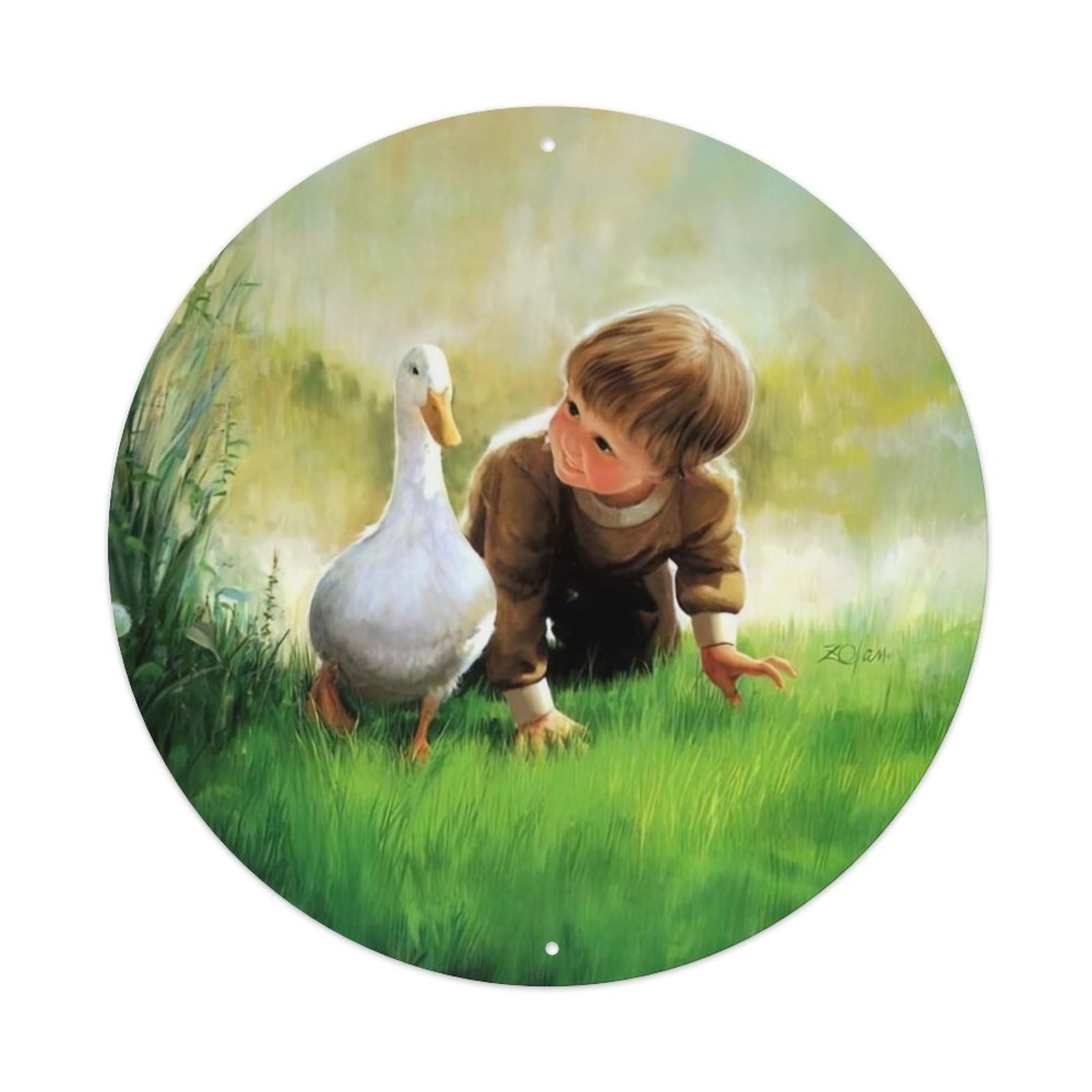 Animal Little Boy And Duck Vintage Metal Tin Sign Plaque Wall Decor for Cafe, Club Bar, Office, Garden Metal Poster 8x8Inch
