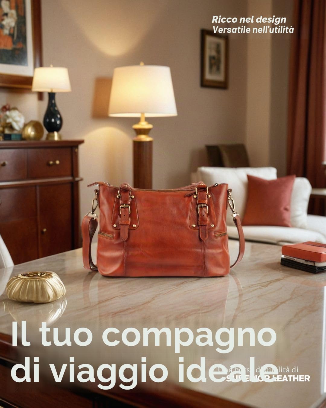 Donna Vera Pelle Borsa A Tracolla Pieno Fiore Vera Pelle Cognac SLG-2, Cognac, Medium