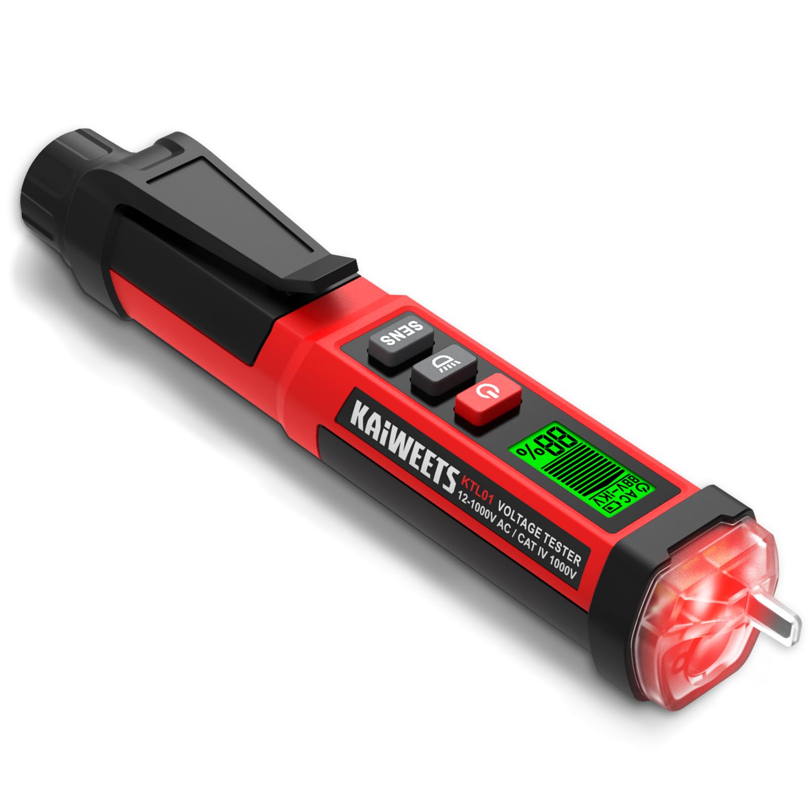 KAIWEETS Detector de Voltaje NCV, Probador de Voltaje 12-1000V / 70-1000V AC con Pantalla LCD, Indicador de Señal, Alarma Sonora y Linterna LED, Buscapolos Eléctrico Certificado ETL CAT IV