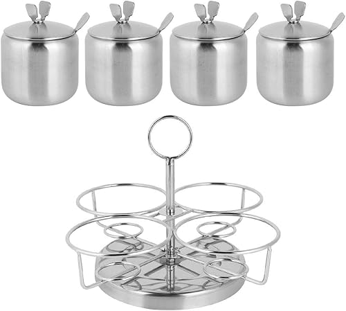 Miniatura 9 de BORDSTRACT Juego de 4 azucareros, caja de condimentos de acero inoxidable con estante giratorio y cucharas para especias, condimentos, salsa, aceite