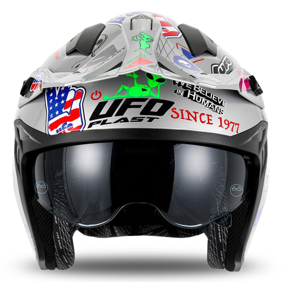 Casco Jet Sheratan Legendary con visiera parasole a scomparsa Trial Street Scooter Moto Argento