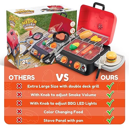 PLAY-ACT Exrtra Large 2-Layer BBQ Grill Playset with Pretend Smoke, Light, Sound & Color-Changing Food, Kitchen Toy Set,Pretend BBQ Grill Toy Set for Kids (25X13X12 Inch) - Thumbnail 7