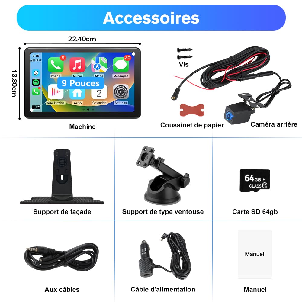 Écran Tactile 9" CarPlay & Android Auto sans Fil avec Dashcam 4K + Caméra Arrière, GPS, Bluetooth, FM, AUX, Lien Miroir, Carte TF 64G